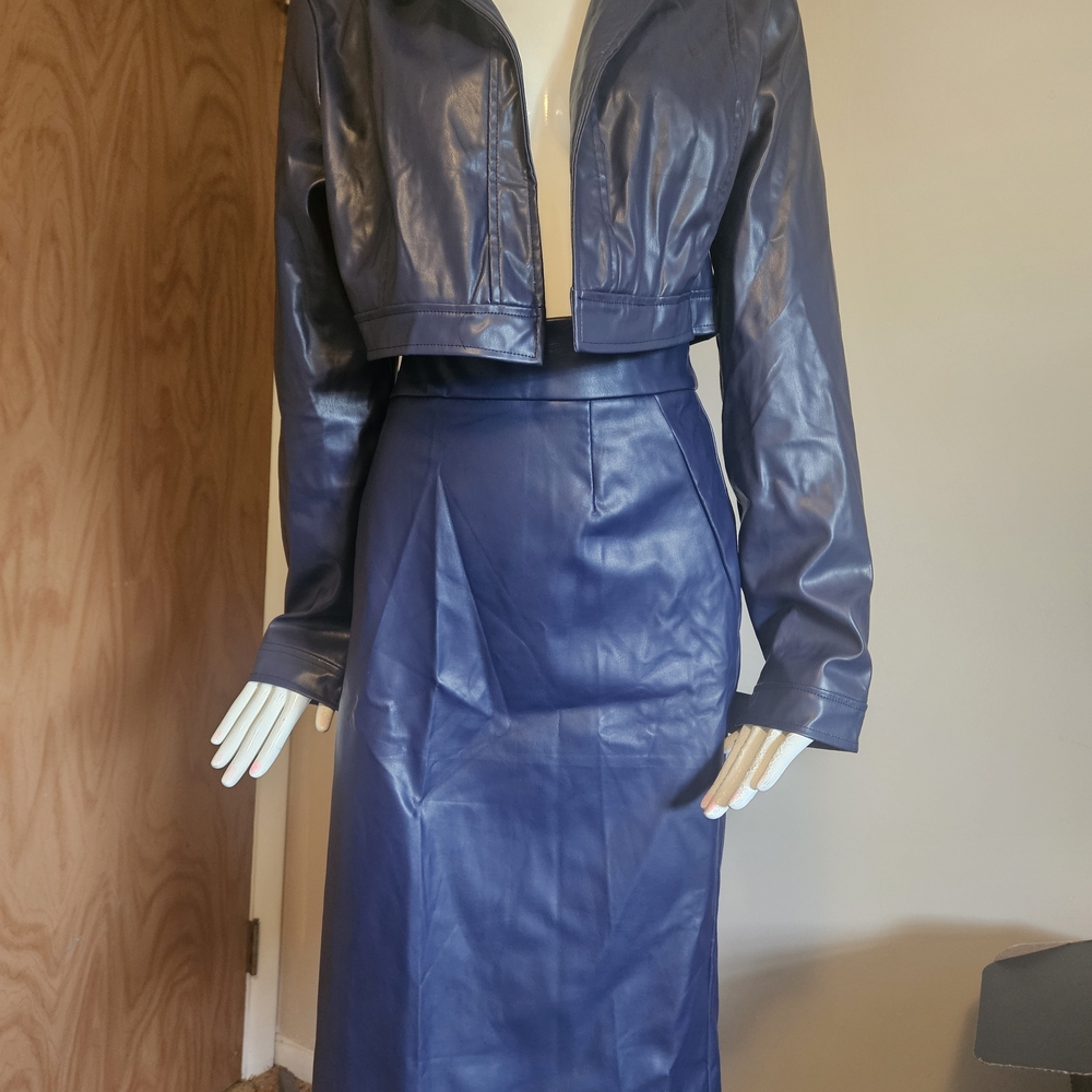 Women's Blue Faux Leather Skirt Set